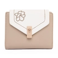 Short tri-fold beige PU leather wallet with floral embroidery and rose gold metal clasp - Apricot