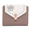 Women's tri-fold PU leather wallet in grey and white with flower embroidery and metal clasp - Brown