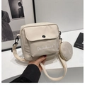 Beige canvas crossbody bag set with white Dachshund print and matching small pouch - White
