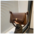 Detail of dark brown faux leather shoulder bag with gold square buckle and knotted strap - Brown