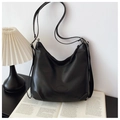 Large black Hobo bag in litchi texture with silver chain strap and side logo - Black