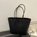 Minimalist black large capacity leather tote bag with elegant pebble grain texture - Black
