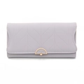 Detail of lavender PU leather long wallet featuring V-shaped stitching and gold hardware - Purple