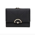 Women's black tri-fold wallet with leaf vein quilting and golden floral clasp closure - Black