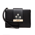 Black PU leather women's wallet with white daisy print and golden metal buckle - Black