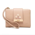 Short PU leather wallet for women in dusty pink with daisy prints and a wrist strap - Pink