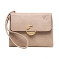Short faux leather wallet for women in dusty pink with embossed floral pattern and strap - Pink