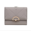 Gray three-fold short wallet for women featuring leaf stitching and a metal flower clasp - Gray