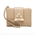 Short PU leather floral wallet for women in beige with daisy print and gold hardware - Camel