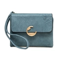 Elegant blue matte leather wallet with floral embossing and a gold floral metal ring buckle - Sky Blue