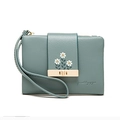 Women's small blue PU leather zip wallet with white daisy embroidery and wristlet strap - Sky Blue