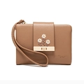 Short light brown PU leather wallet for women with daisy floral print and wristlet - Brown