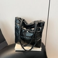Large capacity black glossy quilted tote bag with gold snap button for women - Black