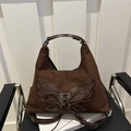 Vintage brown suede tote bag with butterfly detail and adjustable crossbody strap - Brown