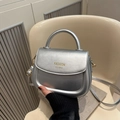 Silver matte leather saddle bag with gold logo text and adjustable shoulder strap - Silver