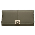 Olive green long PU leather wallet with wavy flap and golden flower buckle - Green