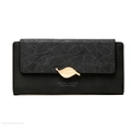 Elegant black frosted long wallet for women featuring golden leaf clasp and leaf print - Long Style (PT20-1599) / Black