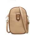 Petit sac téléphone kaki et marron avec motifs en relief et boucle cœur dorée - Abricot