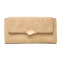 Long beige matte faux leather wallet for women with golden leaf clasp and leaf embossing - Long Style (PT20-1599) / Apricot