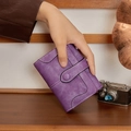 Retro purple matte long wallet for women with contrast stitching and snap closure - Short Style / Purple