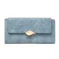 Light blue matte long wallet for women featuring leaf pattern and gold leaf buckle - Long Style (PT20-1599) / Sky Blue