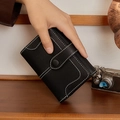 Vintage black faux leather long wallet with pebbled texture and white stitching - Short Style / Black