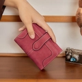 Compact dark pink matte leather wallet with contrast stitching and snap button closure - Short Style / Red