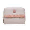 Short zipper wallet for women with pink ruffles and beige leather patchwork - Camel