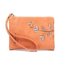 Damen-Geldbeutel aus orangefarbenem Mattleder mit Blattprint und goldener Vogelschnalle - Orange