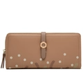 Detail view of long brown PU leather wallet featuring white daisy prints and gold metal ring - Light Coffee