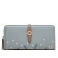 Close-up of long blue leather wallet featuring white daisy prints and metal buckle - Blue