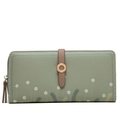 Detail of floral printed long wallet featuring a metal ring buckle and smooth zipper - Green