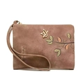 Brown frosted leather women's wallet featuring elegant leaf embroidery and bird clasp - Coffee