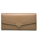 Brown long leather wallet for women with gold four-leaf clover clasp and flap closure - Brown