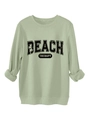 Close-up of the ribbed crewneck and Beach Therapy palm tree print on the sage green sweatshirt - Olive Green