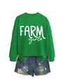 Dettaglio della felpa verde con stampa bianca Farm Girl e pantaloncini in denim - S / Verde Erba (Font Bianco)