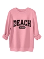 Close-up of pink crewneck sweatshirt featuring black Beach Therapy palm tree graphic - Peach
