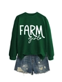 Detail of dark green crewneck sweatshirt with Farm Girl text and distressed denim shorts - Dark Green (White Font)