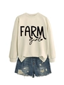 Flat lay of apricot sweatshirt with FARM girl lettering and ripped denim shorts - Sand (Black Font)