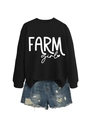 Detail of the white FARM girl lettering and heart design on a black crewneck sweatshirt - Black (White Font)