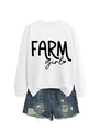 Close-up of white FARM girl sweatshirt and distressed denim shorts with frayed edges - White (Black Font)