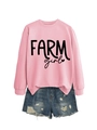 Detail view of pink long sleeve sweatshirt with Farm Girl text and distressed denim shorts - Pink (Black Text)