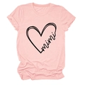 Detailed view of pink cotton T-shirt featuring black heart and mimi print design - S / Pink