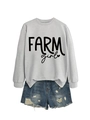 Detail of grey crewneck sweatshirt with FARM girl print and distressed denim shorts - Grey (Black Font)