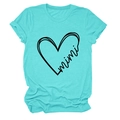 Close-up of heart print with mimi text on a teal crew neck T-shirt with folded sleeves - S / Deep Water Blue