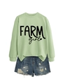Flat lay of a sage green Farm Girl sweatshirt paired with distressed blue denim shorts - Olive Green (Black Font)