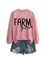 Detail of pink crewneck sweatshirt with black Farm Girl text and casual denim shorts - Rose Gold (Black Font)