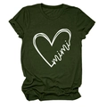 Close-up of white heart and mimi script print on a dark green cotton t-shirt fabric - S / Army Green