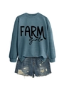Detailed shot of Morandi blue Farm Girl sweatshirt with frayed denim shorts - Blue (Black Font)