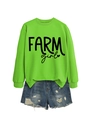 Detail of neon green Farm Girl sweatshirt paired with distressed denim shorts - Fluorescent Green (Black Font)